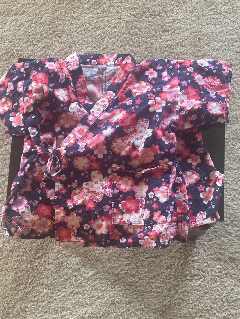 Girls’ Cotton/Linen Blend Kimono Top and Short Set - Navy Blue, Pink and Red